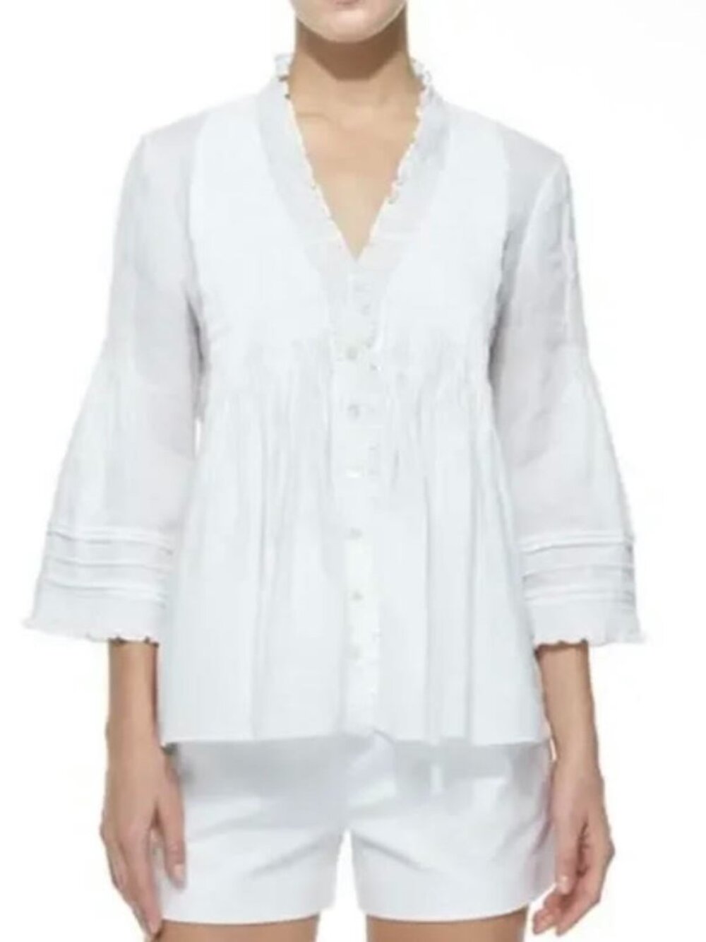 Diane Von Furstenberg Layla Blouse Shirt Sz 6 Womans Off-White Linen Ruffle-Trim